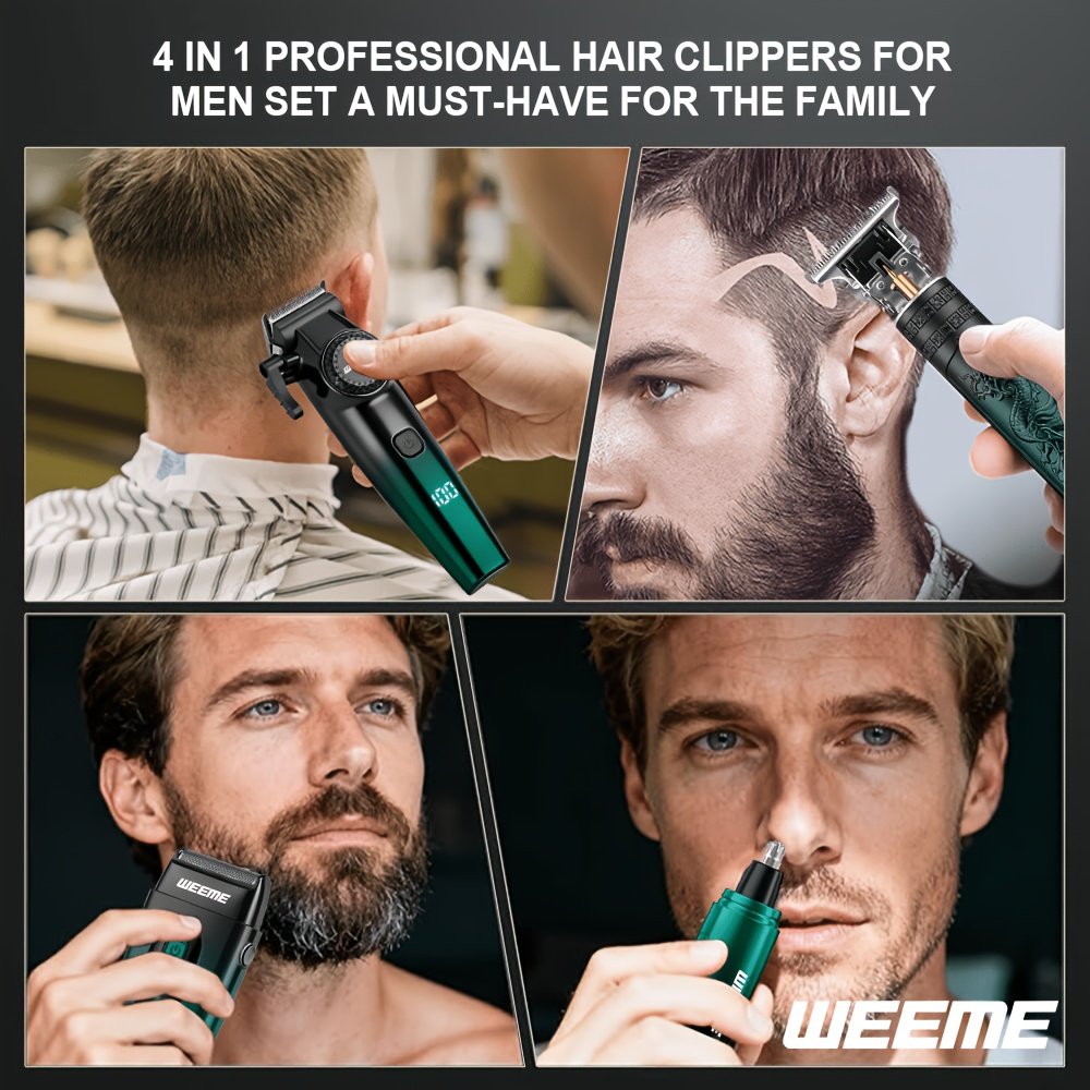 ensemble de tondeuses à cheveux sans fil weeme 4 en 1 pour hommes, tondeuse professionnelle avec rasoir électrique, kit de coiffure pour nez, corps et tête rasée, affichage led, coupe de précision, rechargeable usb, pour usage maison et coiffeur ensemble de tondeuses à cheveux sans fil weeme 4 en 1 pour hommes, tondeuse professionnelle avec rasoir électrique, kit de coiffure pour nez, corps et tête rasée, affichage led, coupe de précision, rechargeable usb, pour usage maison et coiffeur