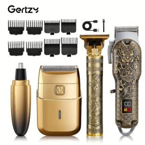 [cadeau fête des pères] tondeuse professionnelle pour hommes rechargeable, tondeuse à lame, tondeuse de précision et tondeuse à poils de nez ensemble de 4 pièces en or, idéal pour usage à domicile et en salon de coiffure incluant un peigne limité, cadeau idéal pour la fête des pères