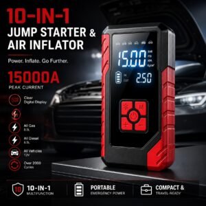 alimentation de démarrage d'urgence portable 15000a, chargeur de batterie de voiture 14,8v, pompe à air en option, démarreur d'urgence, modes multiples, accessoires et outils d'alimentation de démarrage, avec sorties usb type c et usb, charge rapide