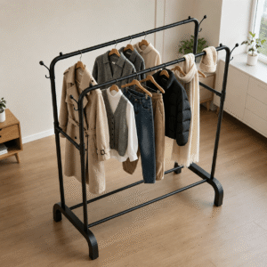 portant vêtements métallique autoportant à double barre avec crochets latéraux, base en u stable, lourd, organisateur de vêtements multifonctionnel pour chambre, placard, entrée, buanderie