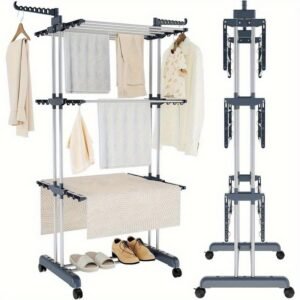 séchoir à linge pliable 4 couches avec roues, tour de rangement gain de place à 6 ailes pliantes et 2 bras latéraux rotatifs pour usage intérieur et extérieur