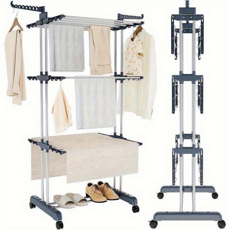 séchoir à linge pliable 4 couches avec roues, tour de rangement gain de place à 6 ailes pliantes et 2 bras latéraux rotatifs pour usage intérieur et extérieur séchoir à linge pliable 4 couches avec roues, tour de rangement gain de place à 6 ailes pliantes et 2 bras latéraux rotatifs pour usage intérieur et extérieur