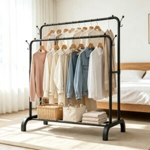 portant vêtements métallique autoportant à double barre avec crochets latéraux, base en u stable, lourd, organisateur de vêtements multifonctionnel pour chambre, placard, entrée, buanderie