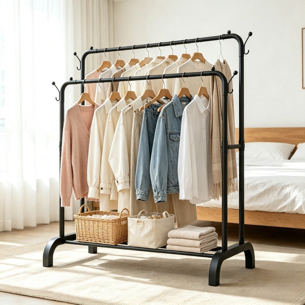portant vêtements métallique autoportant à double barre avec crochets latéraux, base en u stable, lourd, organisateur de vêtements multifonctionnel pour chambre, placard, entrée, buanderie portant vêtements métallique autoportant à double barre avec crochets latéraux, base en u stable, lourd, organisateur de vêtements multifonctionnel pour chambre, placard, entrée, buanderie