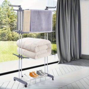 séchoir à linge pliable 4 couches avec roues, tour de rangement gain de place à 6 ailes pliantes et 2 bras latéraux rotatifs pour usage intérieur et extérieur