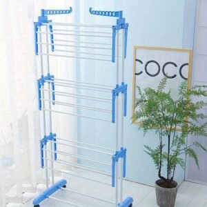 séchoir à linge pliable 4 couches avec roues, tour de rangement gain de place à 6 ailes pliantes et 2 bras latéraux rotatifs pour usage intérieur et extérieur
