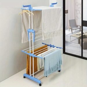 séchoir à linge pliable 4 couches avec roues, tour de rangement gain de place à 6 ailes pliantes et 2 bras latéraux rotatifs pour usage intérieur et extérieur