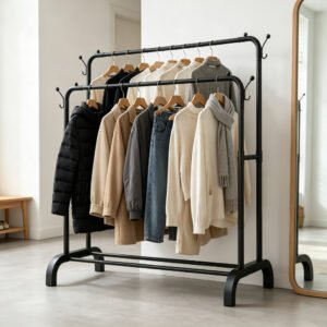 portant vêtements métallique autoportant à double barre avec crochets latéraux, base en u stable, lourd, organisateur de vêtements multifonctionnel pour chambre, placard, entrée, buanderie
