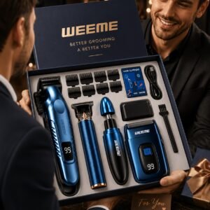 Nouveautés lot de 4 pièces bleu kit de toilettage électrique rechargeable weeme pour hommes tondeuse à cheveux, rasoir électrique à lames, tondeuse à barbe, ensemble tondeuse pour oreilles et nez, chargement usb cadeau parfait pour les fêtes, la fête des pères, pour hommes, essentiels pour le camping