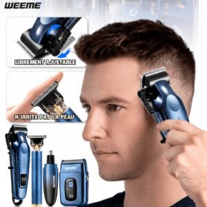 lot de 4 pièces bleu kit de toilettage électrique rechargeable weeme pour hommes tondeuse à cheveux, rasoir électrique à lames, tondeuse à barbe, ensemble tondeuse pour oreilles et nez, chargement usb cadeau parfait pour les fêtes, la fête des pères, pour hommes, essentiels pour le camping