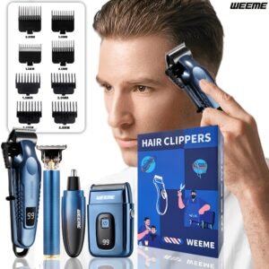 lot de 4 pièces bleu kit de toilettage électrique rechargeable weeme pour hommes tondeuse à cheveux, rasoir électrique à lames, tondeuse à barbe, ensemble tondeuse pour oreilles et nez, chargement usb cadeau parfait pour les fêtes, la fête des pères, pour hommes, essentiels pour le camping