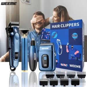 lot de 4 pièces bleu kit de toilettage électrique rechargeable weeme pour hommes tondeuse à cheveux, rasoir électrique à lames, tondeuse à barbe, ensemble tondeuse pour oreilles et nez, chargement usb cadeau parfait pour les fêtes, la fête des pères, pour hommes, essentiels pour le camping