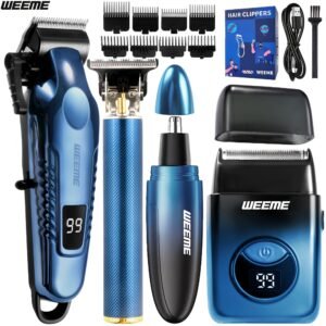 lot de 4 pièces bleu kit de toilettage électrique rechargeable weeme pour hommes tondeuse à cheveux, rasoir électrique à lames, tondeuse à barbe, ensemble tondeuse pour oreilles et nez, chargement usb cadeau parfait pour les fêtes, la fête des pères, pour hommes, essentiels pour le camping